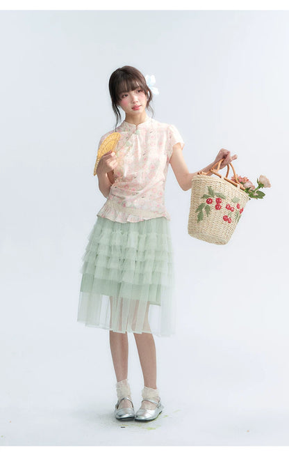 "Lime Mille-Feuille Glow" Peach Mist Chinese-Inspired Short Sleeve Top & Lime Green Tulle Tiered Skirt Set
