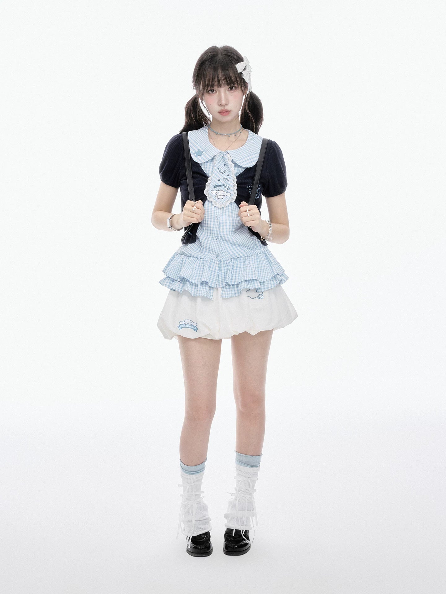 Two Ways to Wear! Cinnamoroll Cropped Cardigan / Round-Neck Blouse / Bubble Skort