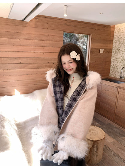 阮阮自制 - Soft Fog Apricot Pink Witch Hooded Wool Coat