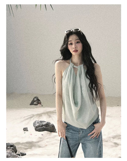 "Flowing Silk Reverie" Light Bean Green Halter Backless Top 536845
