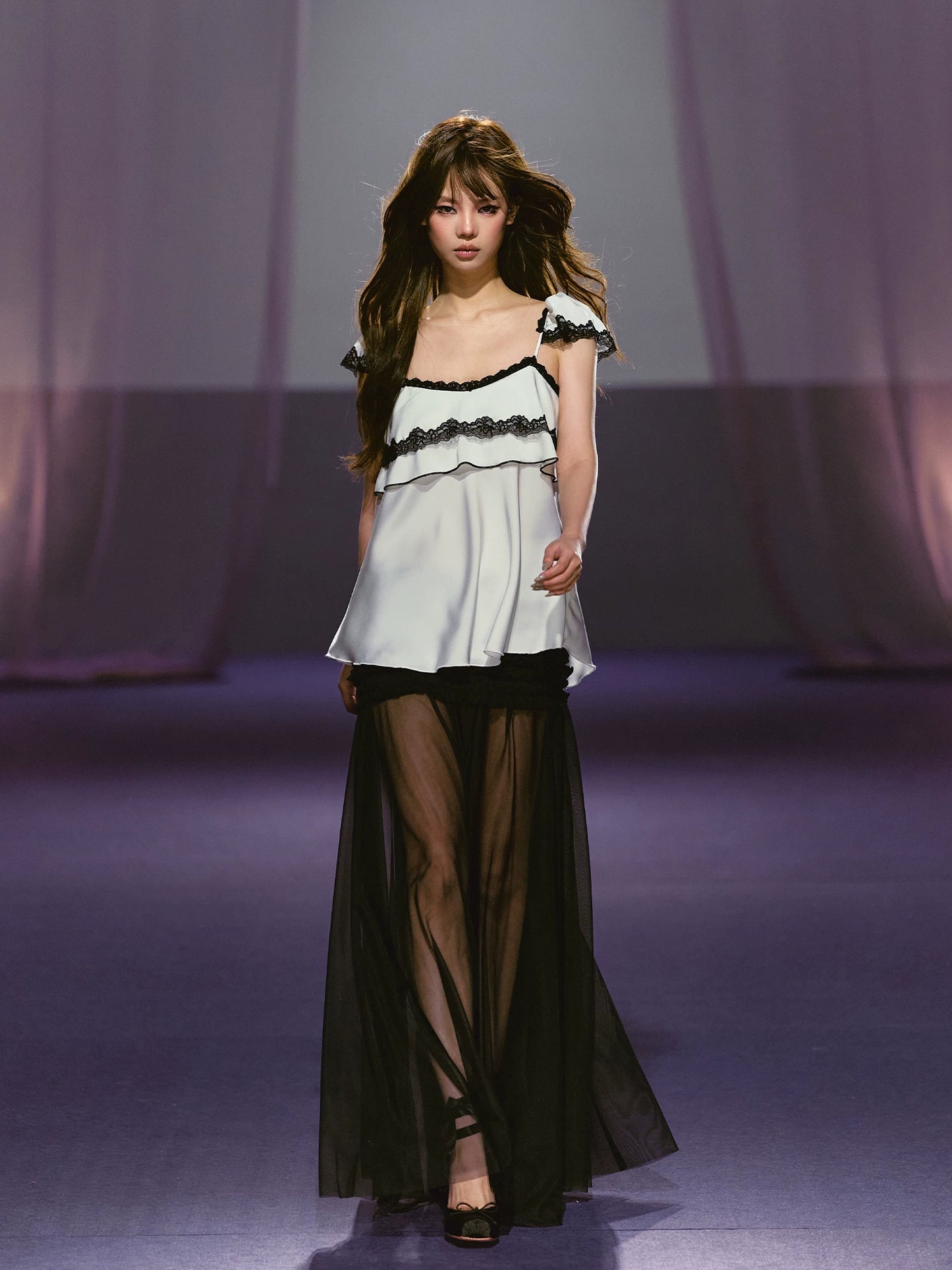 Ruched Semi-Sheer Mesh Maxi Skirt (Apricot/ Black/ Gray)