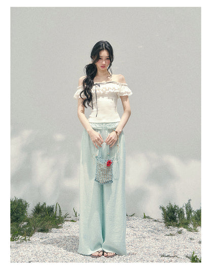 “White Pearlight” Ivory Off-Shoulder Ruffle Tee