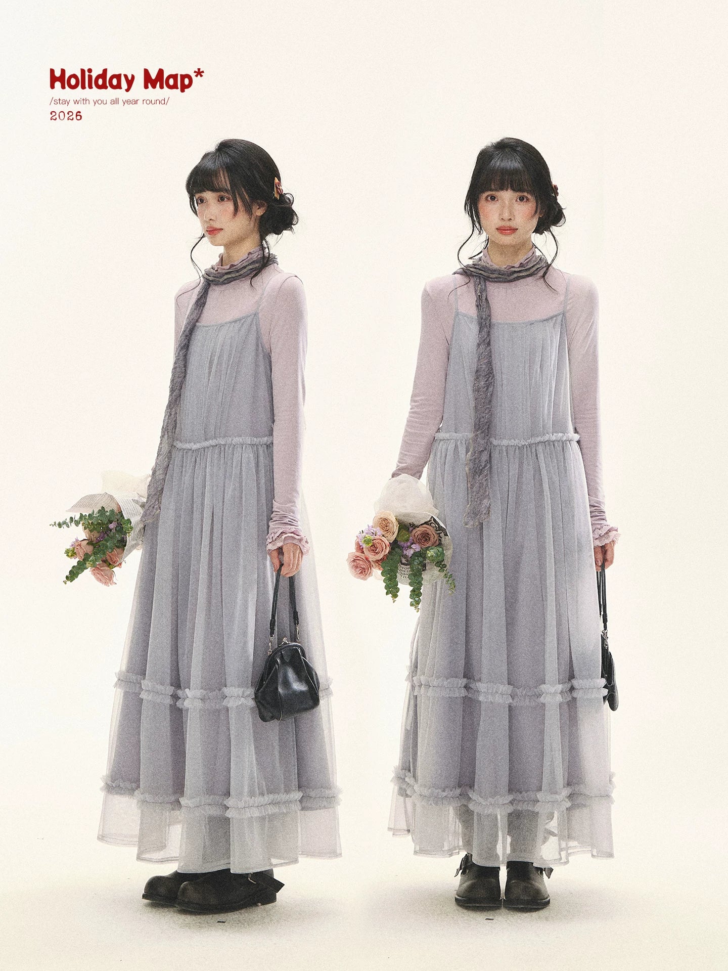"Morning Veil" Morning Mist Purple Tiered Mesh Slip Midi Dress