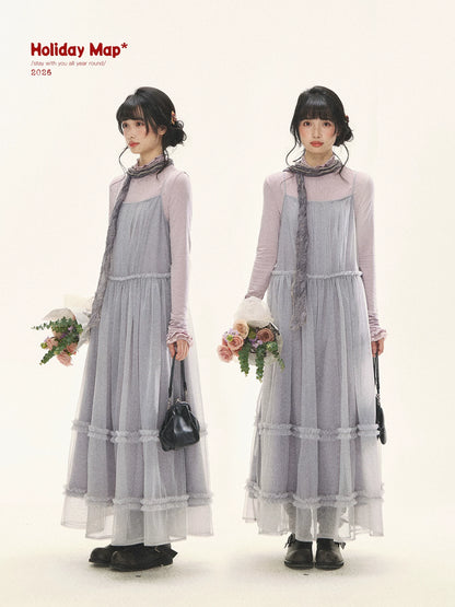 "Morning Veil" Morning Mist Purple Tiered Mesh Slip Midi Dress