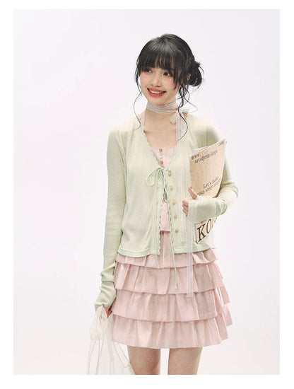 "Comfort Corner" Tie-Front Knit Cardigan (Melon Green/ Peacock Blue)