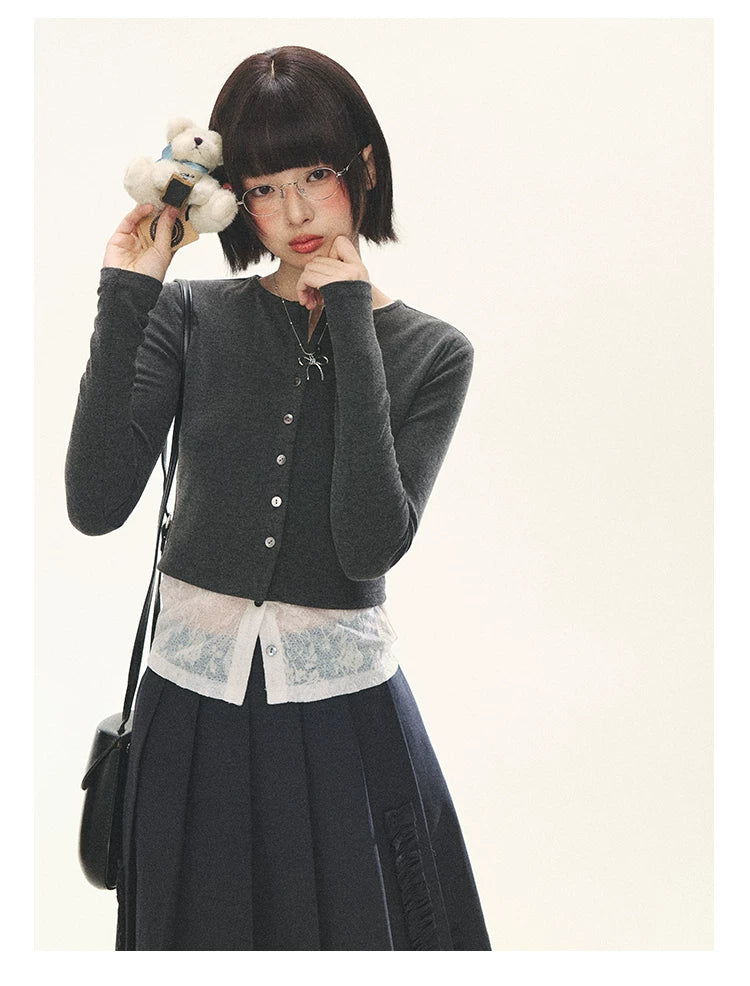 "Layered Blossom" Faux-Layer Knit Cardigan (Sakura Pink/ Heather Gray)