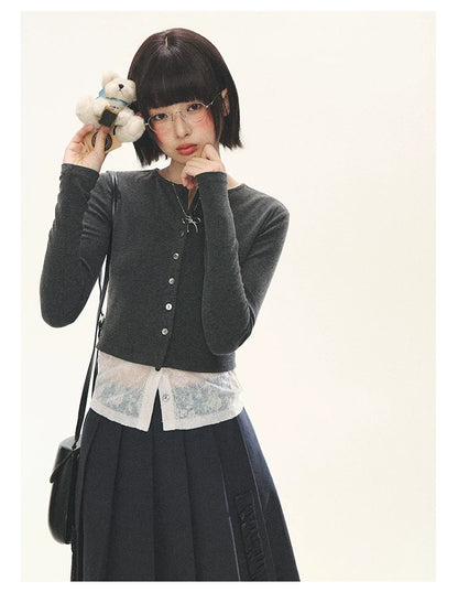 "Layered Blossom" Faux-Layer Knit Cardigan (Sakura Pink/ Heather Gray)