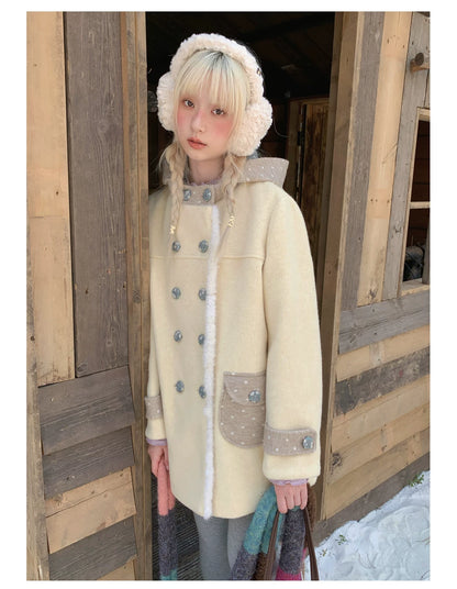 RF - Cream Yellow Hooded Wool-Blend Coat with Polka Dot Pockets