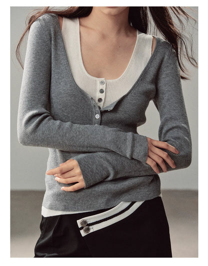 AOMALM - Korean U-Neck Faux Layered Knit Top