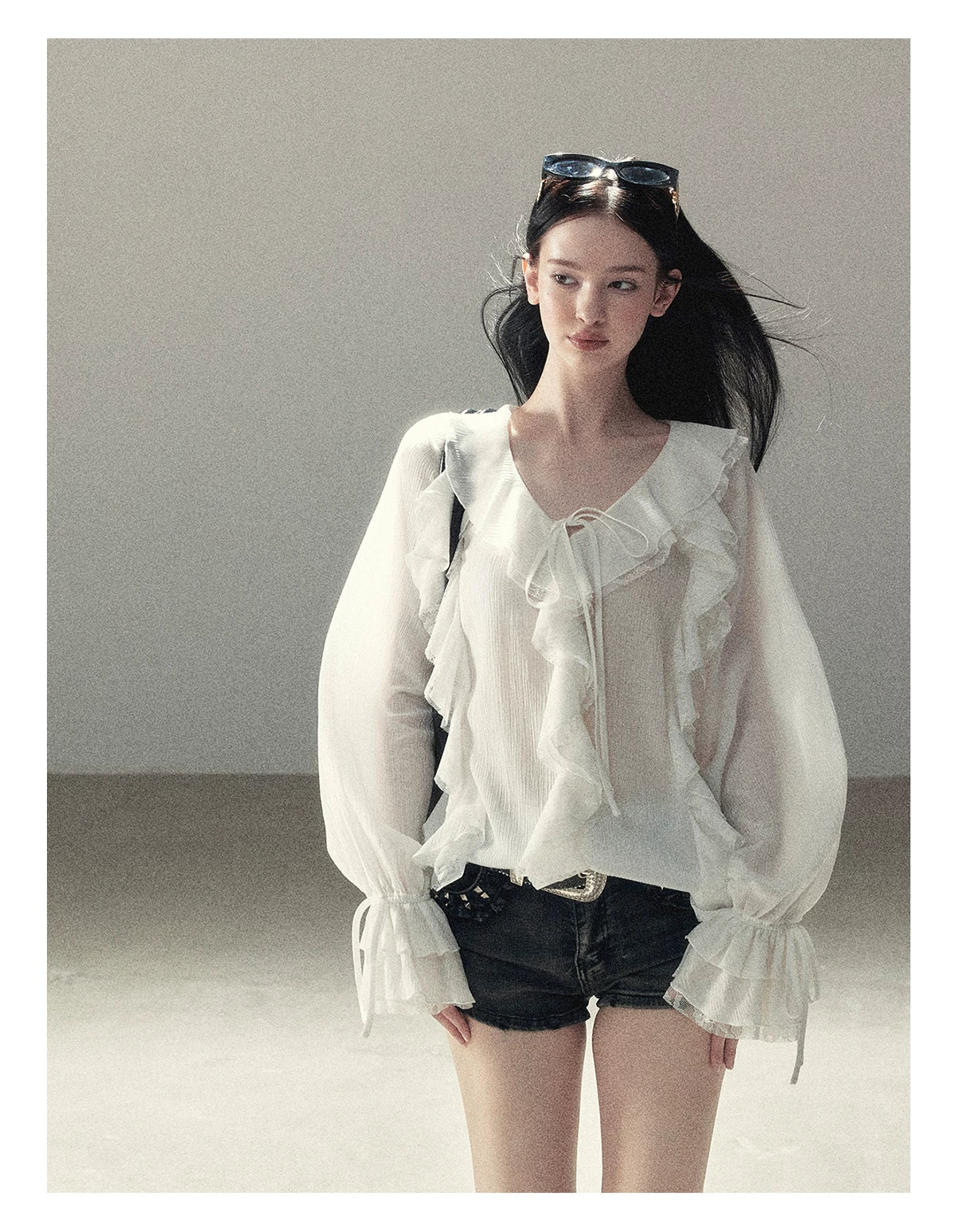 AOMALM - "A Featherlight Touch" French Camellia White Lace Chiffon Top with Belt (Camellia / Oatmeal / Cinnamon Pink)
