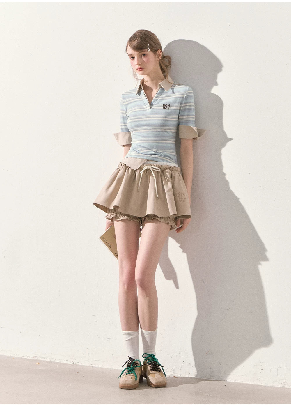 "The Space Between" Beige Drawstring Bubble Mini Skirt