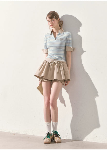 "The Space Between" Beige Drawstring Bubble Mini Skirt