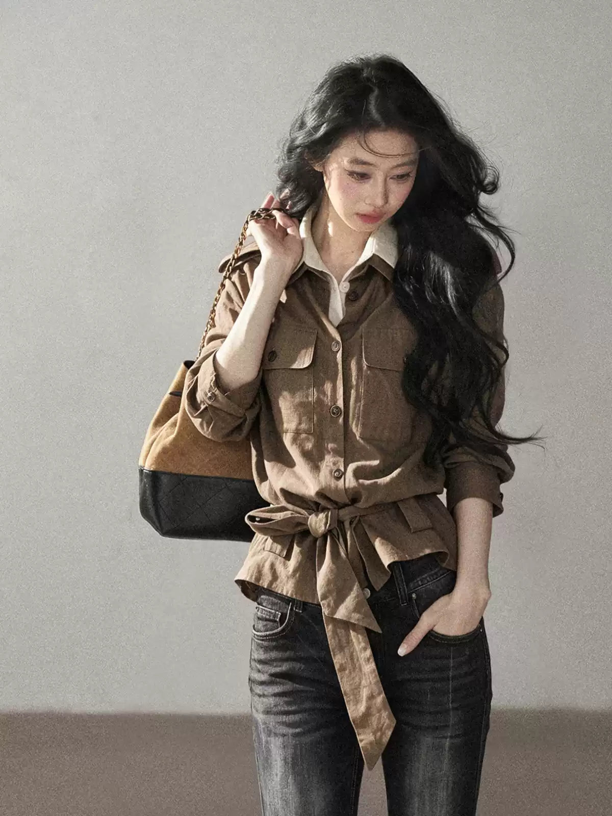 AOMALM - "The Final Chapter of an Old Dream" Roasted Pecan Brown Faux Two-Piece Linen Top with Belt