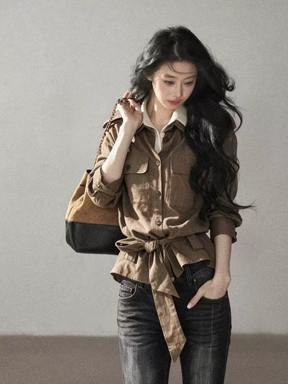 AOMALM - "The Final Chapter of an Old Dream" Roasted Pecan Brown Faux Two-Piece Linen Top with Belt