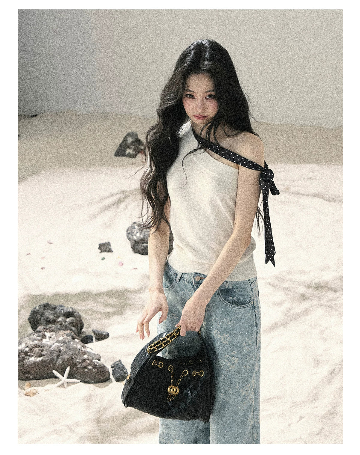 "Morning Dew & Evening Breeze" Cheese White One-Shoulder Polka Dot Crop Top