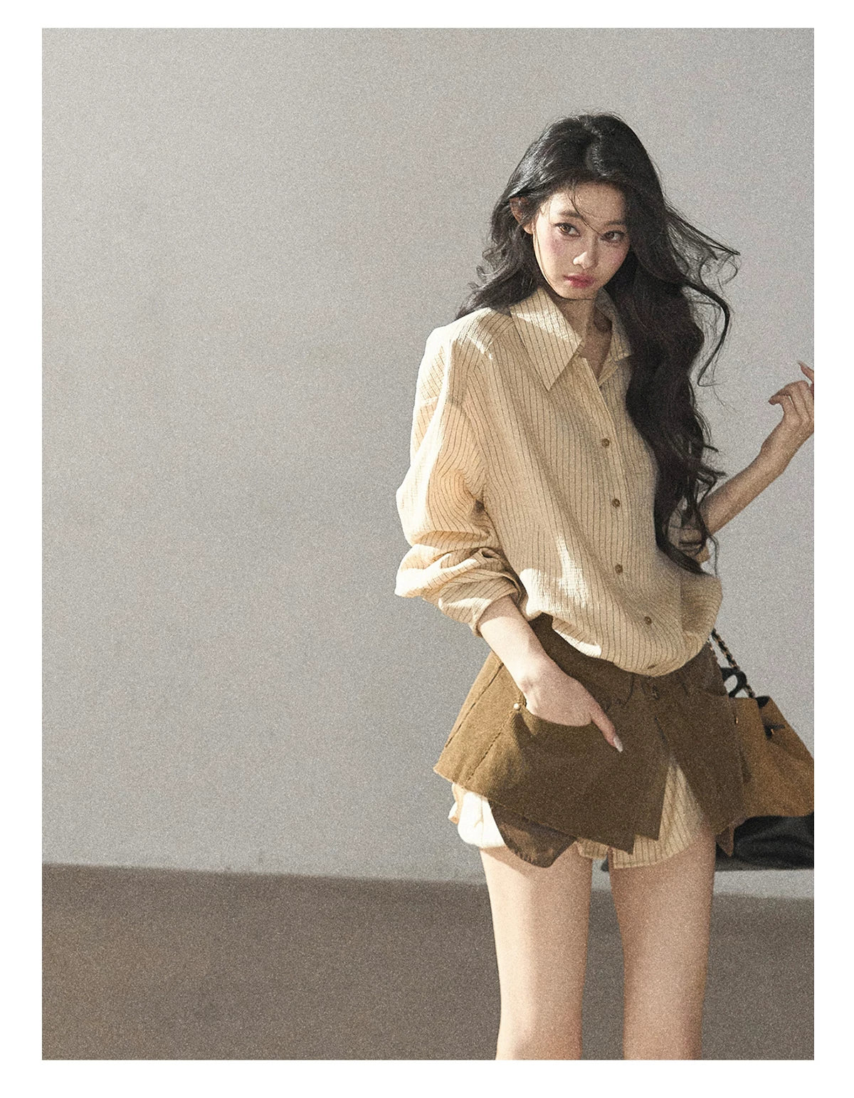 AOMALM - "Autumn Botanicals" Amber Yellow Striped Shirt & Wrap Faux Half-Skirt Set