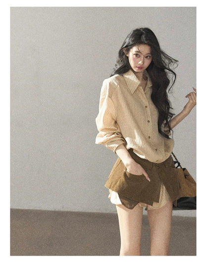 AOMALM - "Autumn Botanicals" Amber Yellow Striped Shirt & Wrap Faux Half-Skirt Set