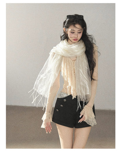 AOMALM - 100% Silk Sheer Fringe Scarf
