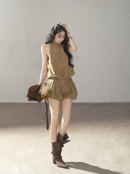 AOMALM - "The Veins of Leaves" Oatmeal French Faux Suede Top & Shorts Set