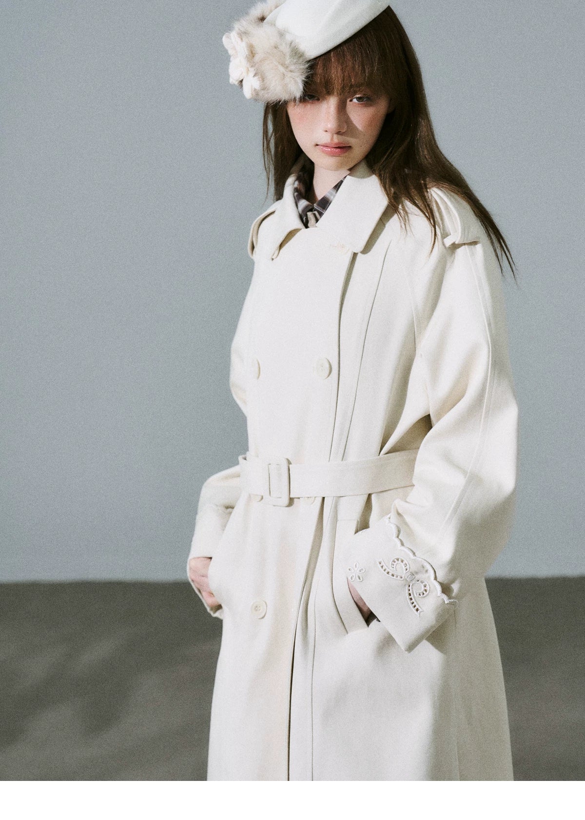 LOST FOREST - Almond Milk White Cutout Embroidered Trench Coat