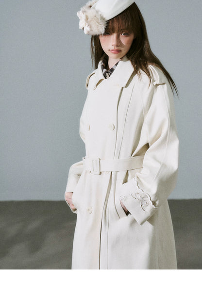 LOST FOREST - Almond Milk White Cutout Embroidered Trench Coat