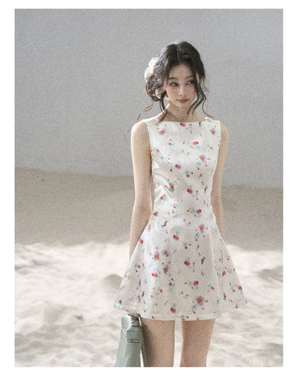 "Where Every Bloom Begins" Dutch Cream Floral Satin Puff Mini Dress (With Matching Scrunchie)