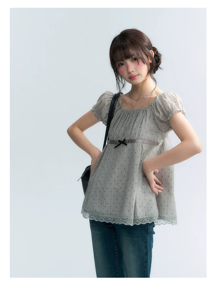 "Polka Dot Constellation" Gray Polka Dot Square Neck Puff Sleeve Top