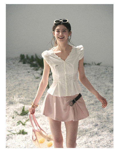 “Untouched Ivory” Pure White Lace Puff Sleeve Blouse