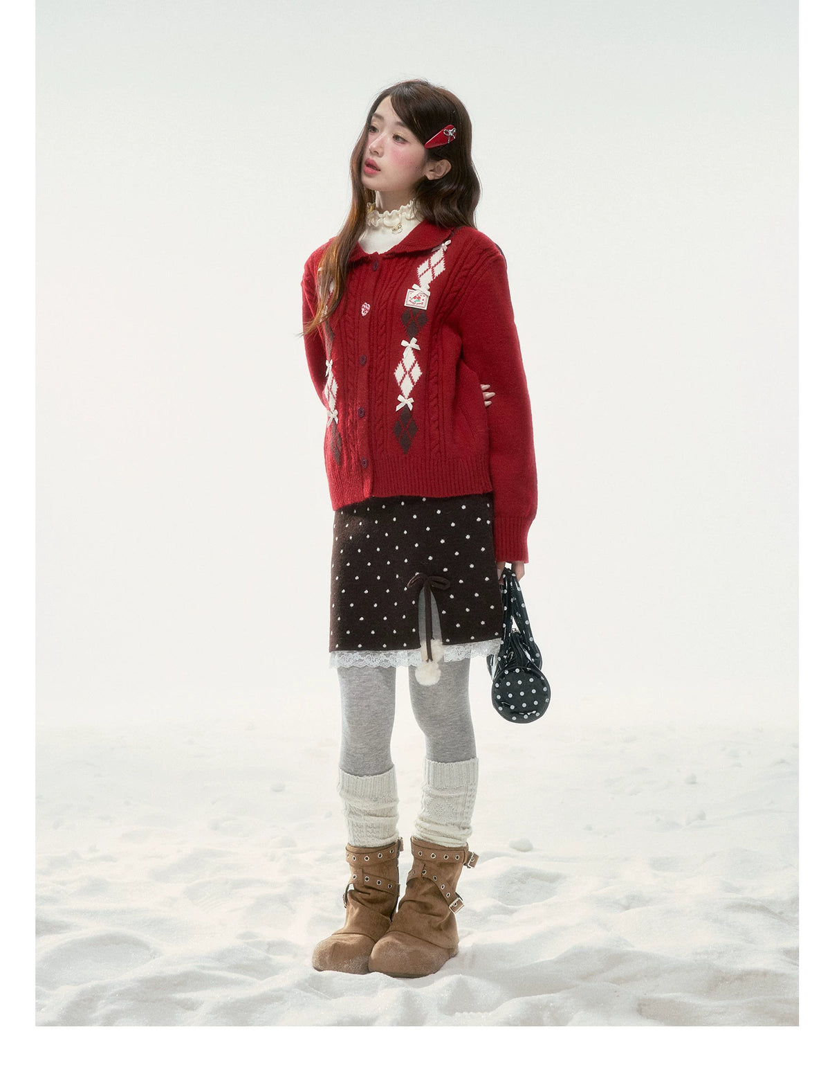 BIBIBENCY - Red Argyle Knit Cardigan with Bow Details
