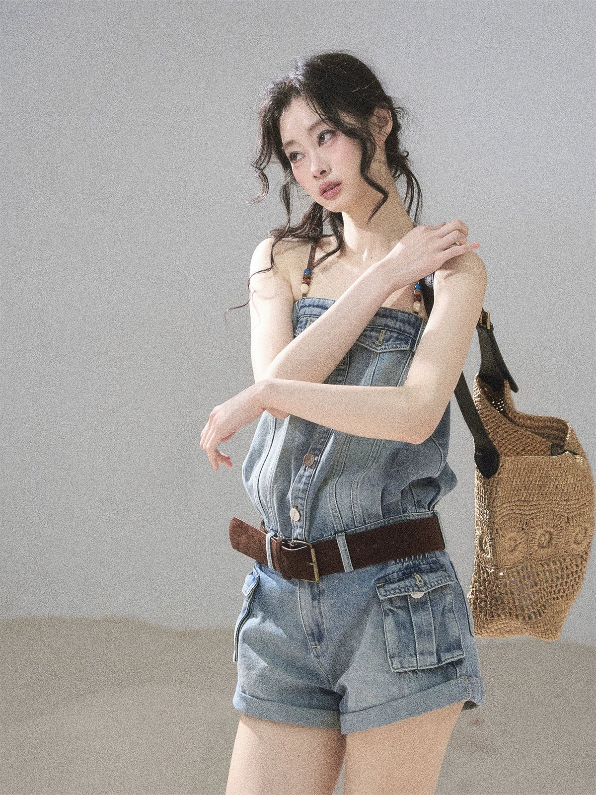 "A Walk by the Sea" Collegiate Blue Denim Utility Romper (With Belt)