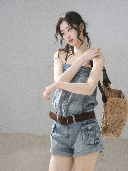 "A Walk by the Sea" Collegiate Blue Denim Utility Romper (With Belt)