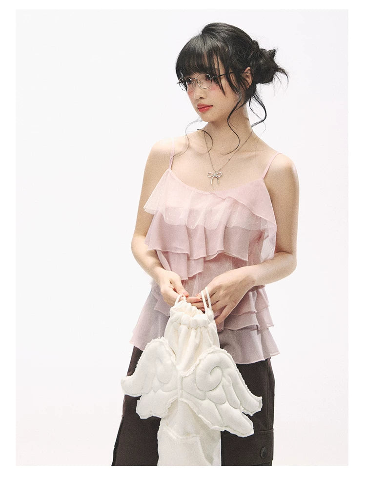 "Star Haven" Tiered Ruffle Cami Top (Cloud Blush Pink/ Moonlight Gray)