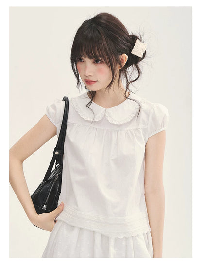 "Cotton Cloud" White Ruffle Collar Puff Sleeve Babydoll Top