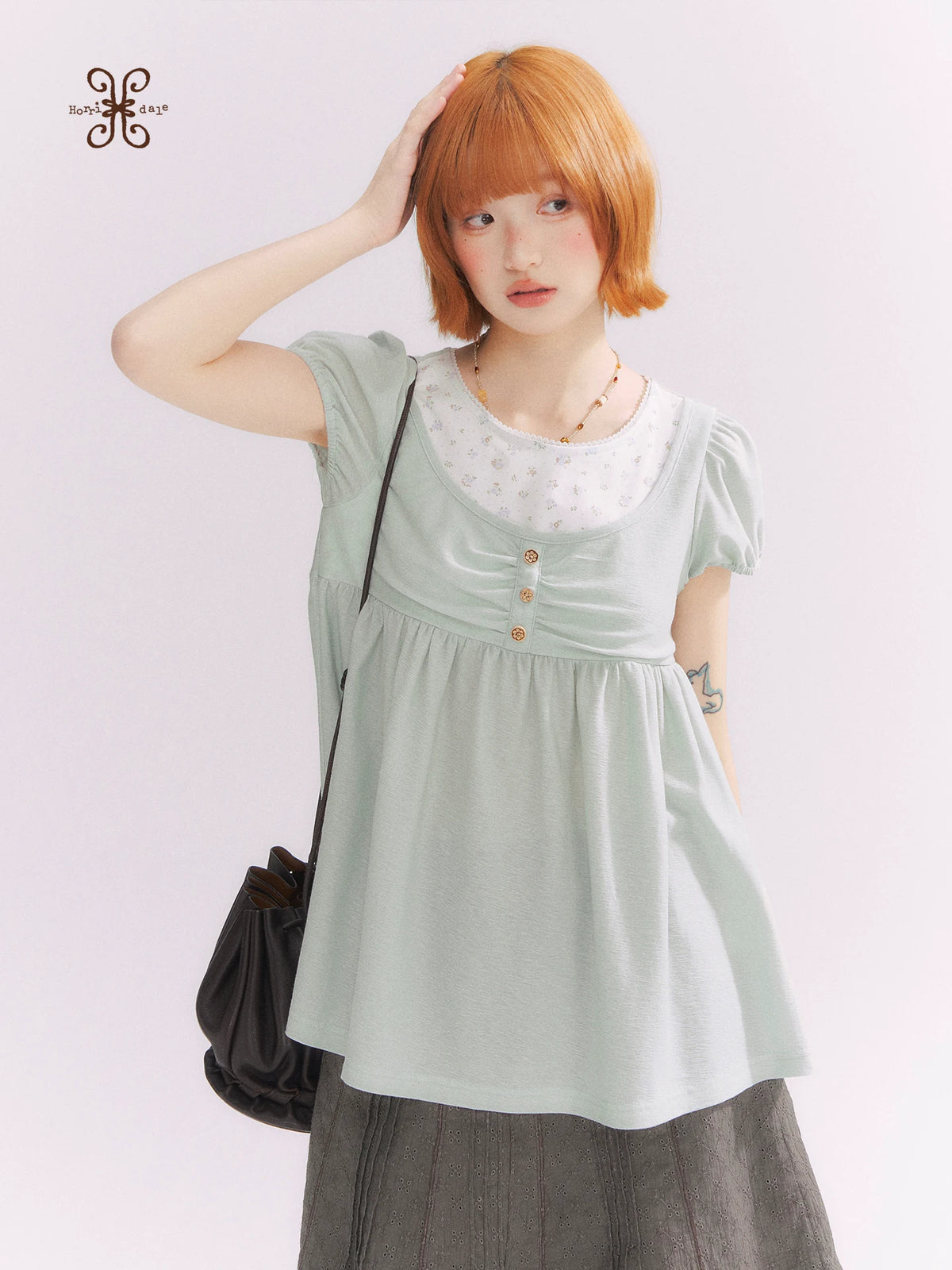 “Vintage Layered Charm” Mint Green Floral Layered Puff Sleeve T-Shirt