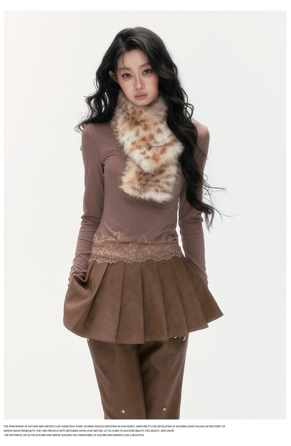 24olvides - Fitted Henley Top with Asymmetric Lace Trim (White / Brown)