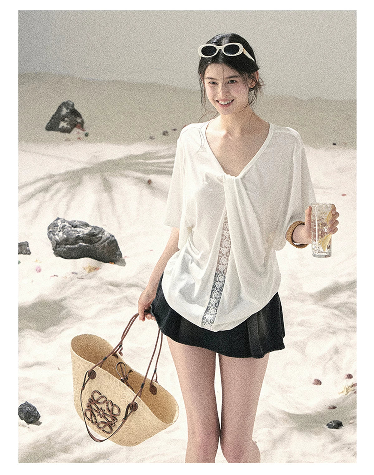 "Undisturbed Mist" Cloud White Lace Cutout V-Neck T-Shirt 45638453