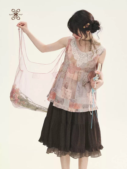 "Fragments of Time" Pink Brown Patchwork Lace Ruffle Trim Sleeveless Top