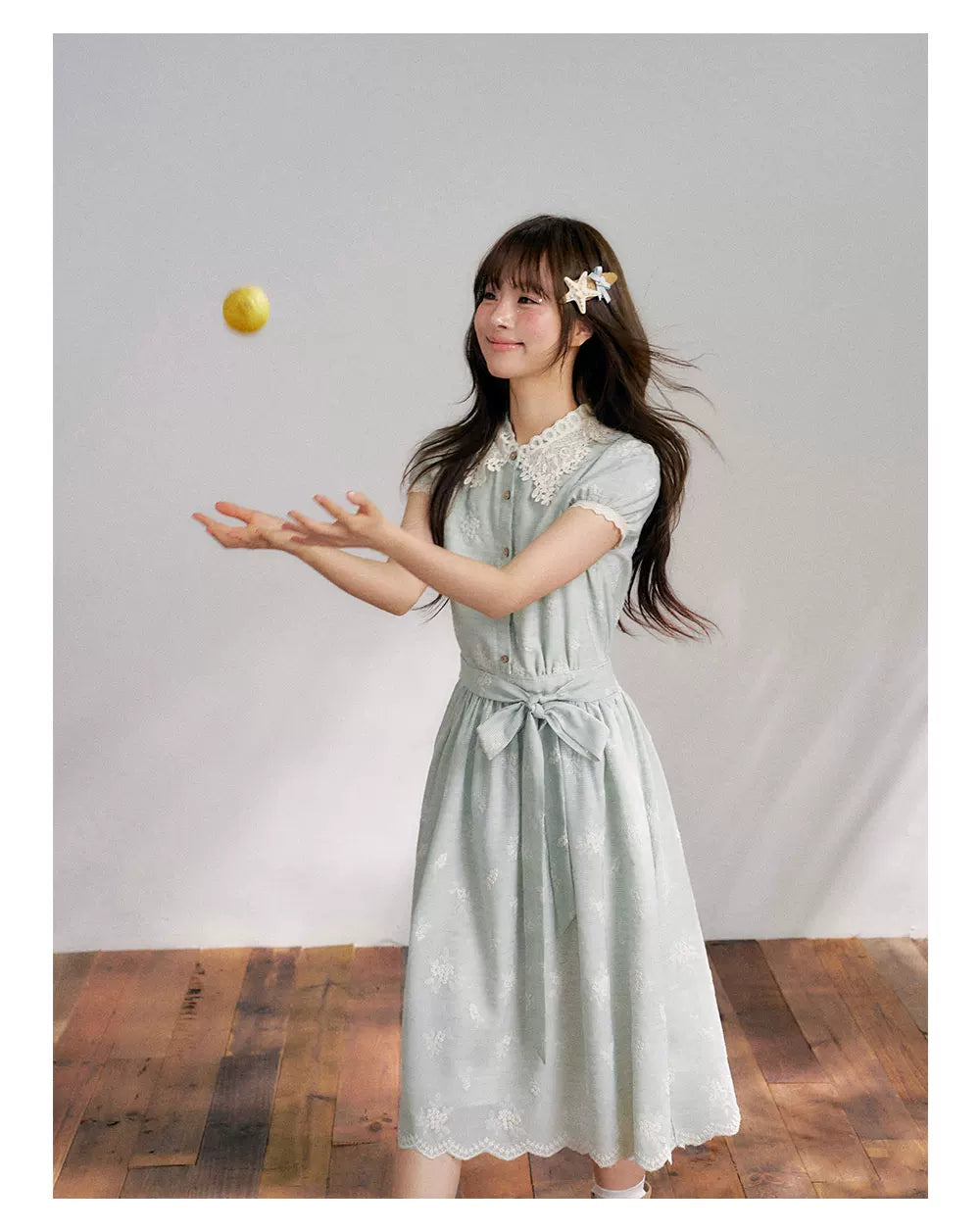 “Sage Meadow Reverie” Sage Green Embroidered Shirt Dress