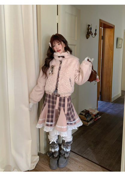 阮阮自制 - Love String Pink Plaid Wool Jacket & Mini Skirt Set