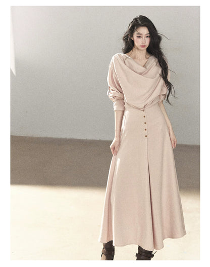 AOMALM - Cinnamon Pink Draped-Neck A-Line Maxi Dress