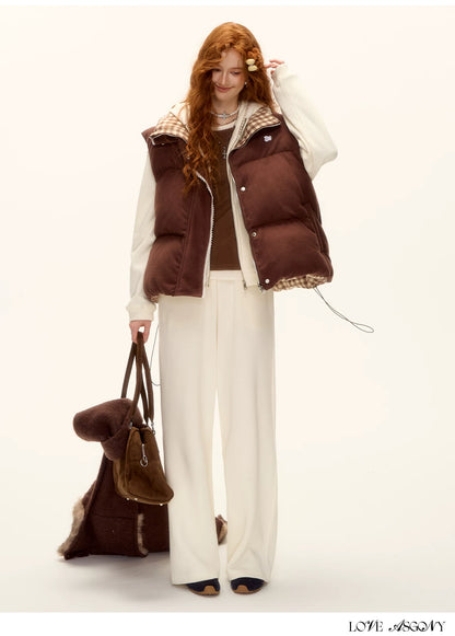 ASGONY - Reversible Plaid Lace-Trim Quilted Vest (Brown / Gray)