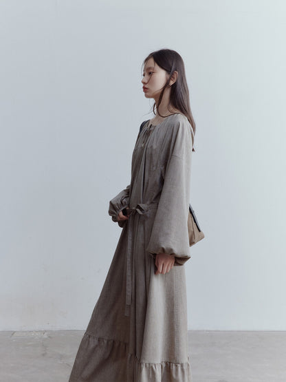 FUSSED Misty Forest Flowy Linen Blend Dress – Gray-Brown Green FOF-25SS135