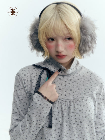 Floral Bow Lace-Tie Knit Top (Gray Floral / Light Khaki Beige)