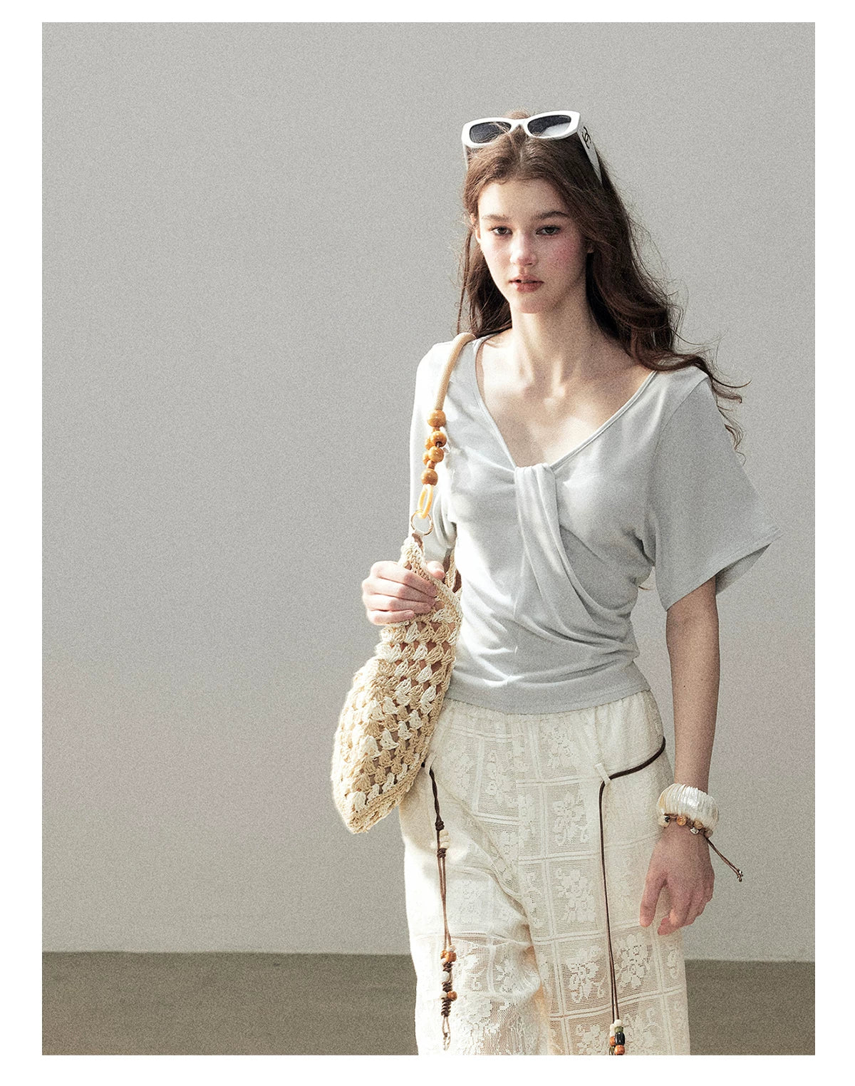 "Moonlight on Water" Twist-Front Cropped T-Shirt (Silver Mink Gray/ Mist Blue)