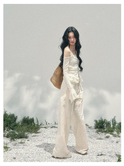 少也眼 “Lace Over the Shoulder” Asymmetrical Layered Lace Long Sleeve Top 45635485