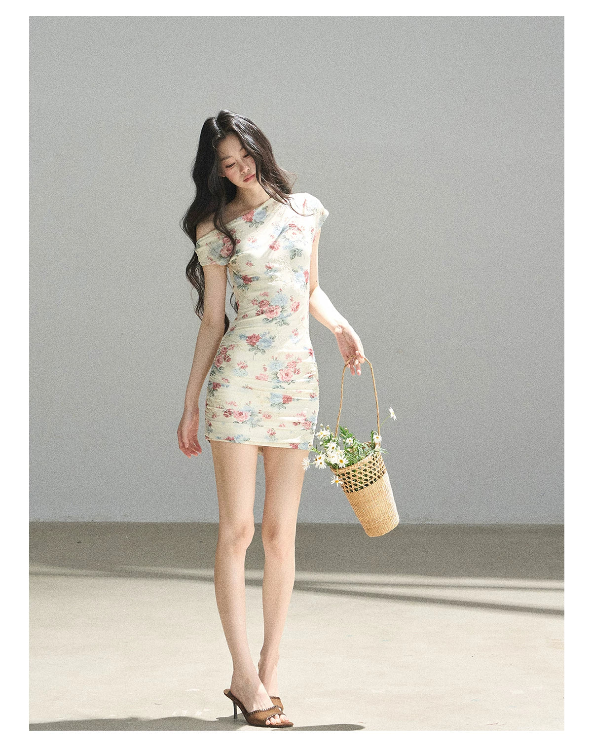 "Flowers & Sunlight" Dutch Cream Off-Shoulder Mesh Bodycon Mini Dress
