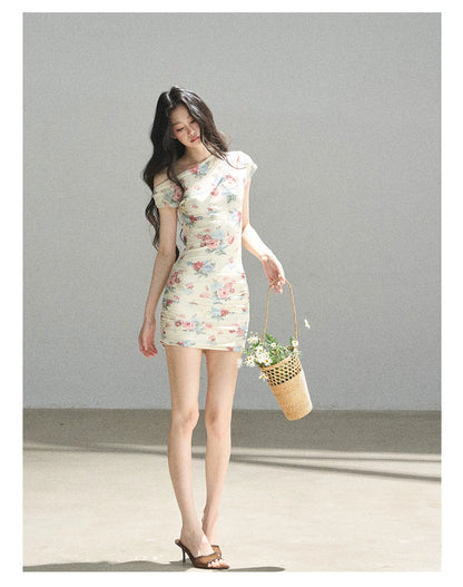 "Flowers & Sunlight" Dutch Cream Off-Shoulder Mesh Bodycon Mini Dress