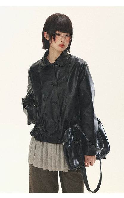 "Venus Gallery" Black Ruffle Collar Cropped Faux Leather Jacket