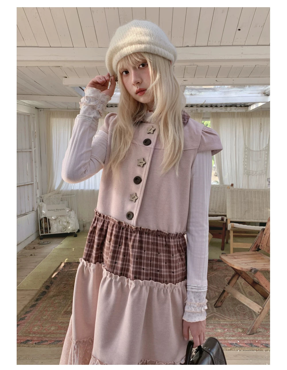 RF - Dusty Pink Patchwork Sleeveless A-Line Dress with Star Buttons