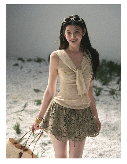 “Sea Breeze & Wheat Fields” Oatmeal Sailor Collar Top